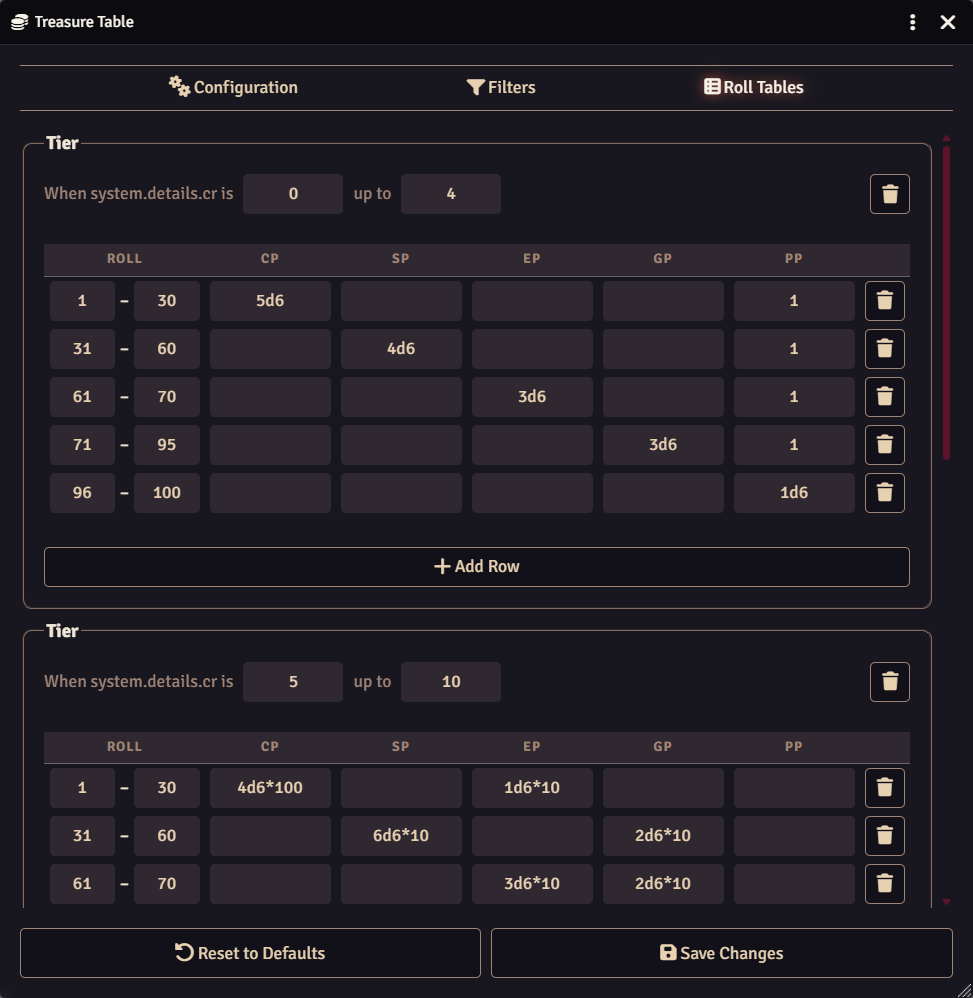 Roll Tables tab